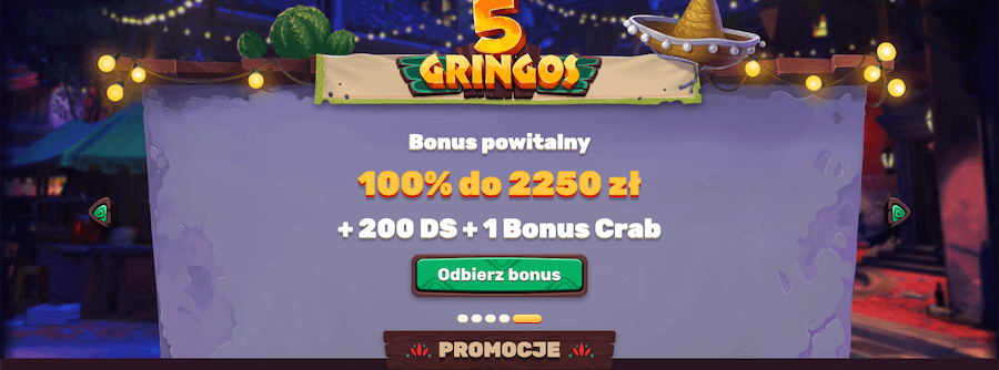 Bonus powitalny w kasynie 5Gringos - 100% do 2250 zł + 200 darmowych spinów za rejestrację i 1 depozyt.