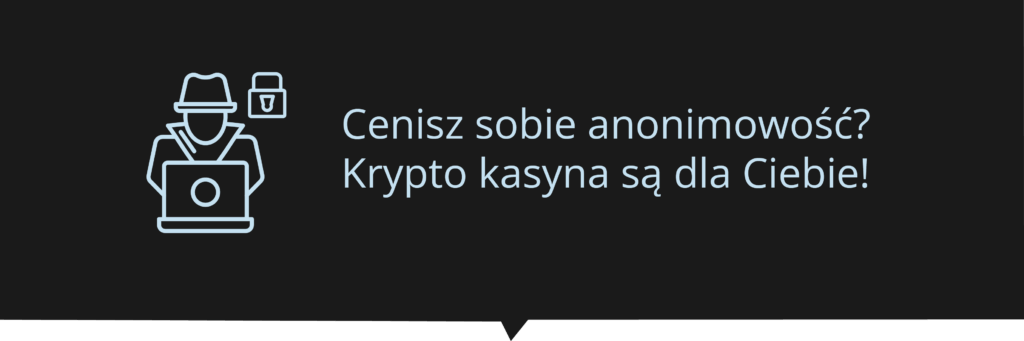 Infografika z napisem "Cenisz sobie anonimowość? Krypto kasyna są dla Ciebie! Obok, po lewej od napisu, grafika z człowiekiem "siedzącym" na laptopie, obok kłódka.