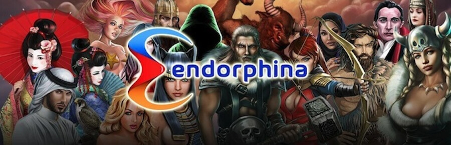Logo Endorphina na tle wielu postaci przewodnich z ich slotów.