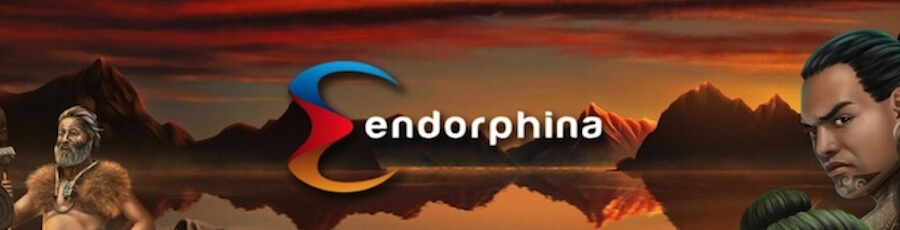 Logo Endorphina na tle zachodzącego słońca, gór i tafli wody, w której tejże góry się odbijają. 