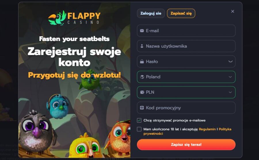 Flappy Casino - rejestracja
