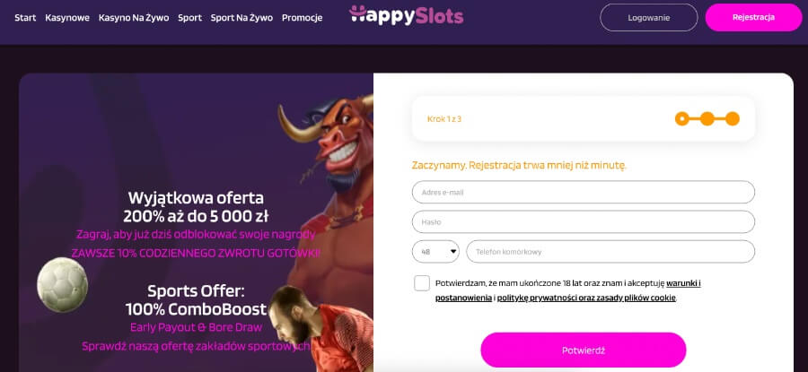 HappySlots - rejestracja