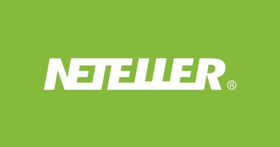 Logo Neteller - biały napis na zielonym tle i znaczek jakości "R" w kółeczku w prawym dolnym rogu napisu.