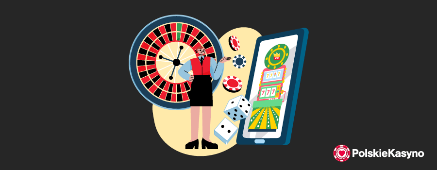 Infografika z logo Polskiekasyno w prawym dolnym rogu oraz kołem do ruletki, telefonem z wyświetlonymi slotami, żetonami kasynowymi i kośćmi do gry.