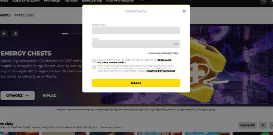 Rejestracja w Energy Casino – formularz online