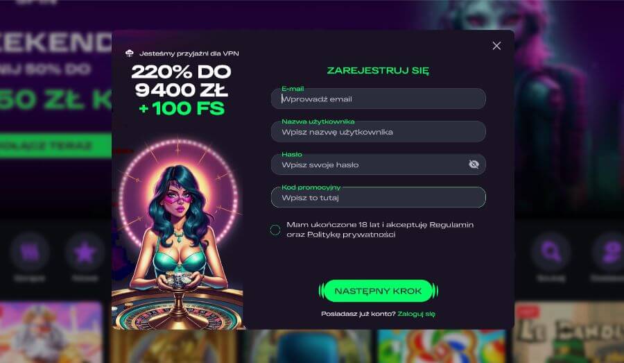 Rejestracja w kasynie Glitch Spin