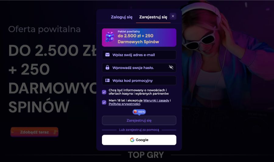 Rejestracja konta w kasynie SlotsDJ