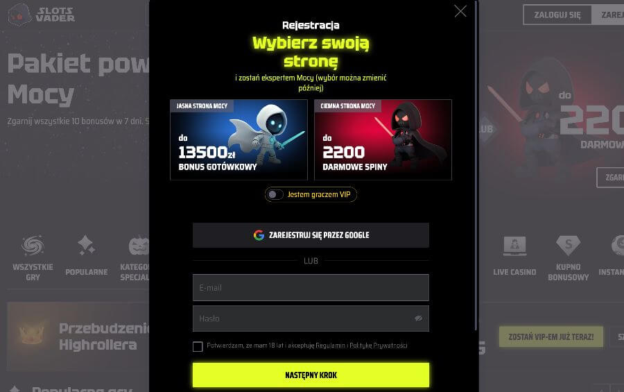 SlotsVader rejestracja
