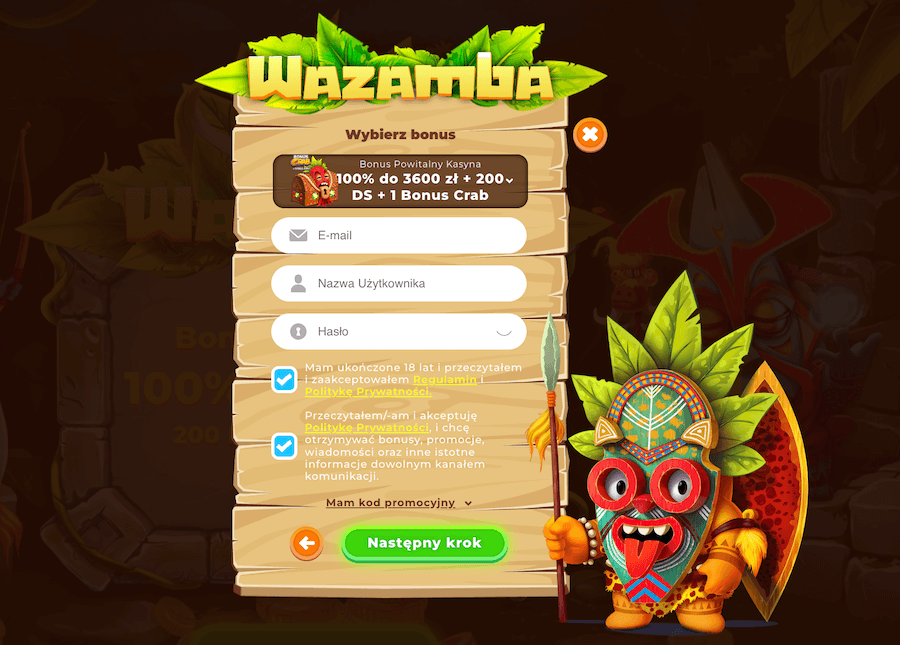 Rejestracja w kasynie Wazamba