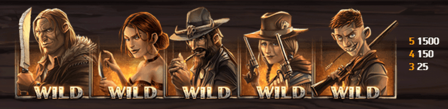 Grafika przedstawia 5 symboli Wild dostępnych w slocie Dead or Alive 2.