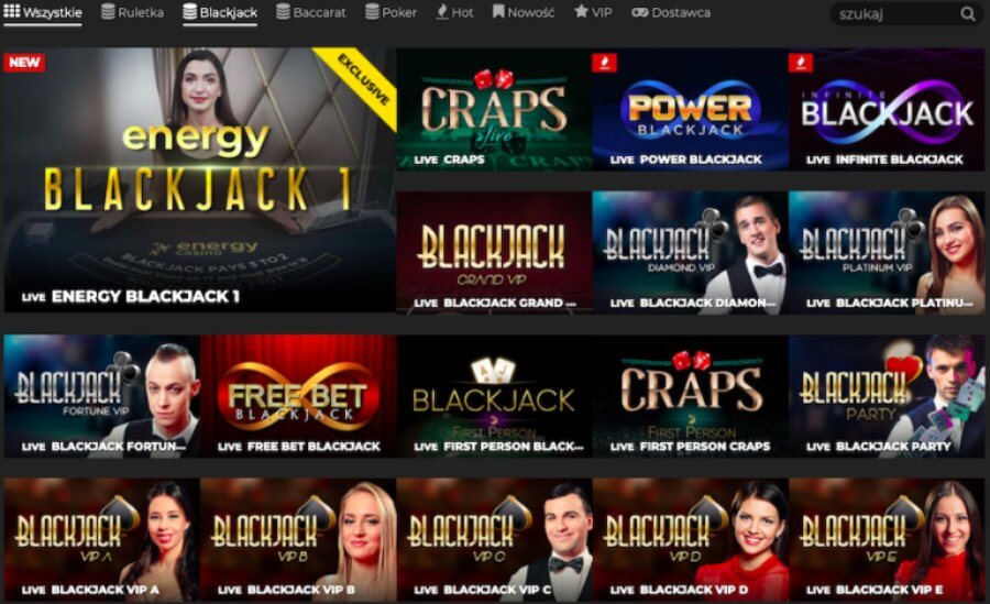 Warianty blackjacka na żywo w Energy Casino.