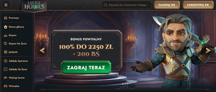 Strona startowa i bonus powitalny w kasynie Lucky Heroes.