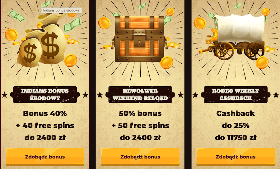 Grafika przedstawia trzy bonusy w SmokeAce - indiański bonus środowy, rewolwer weekend reload i cashback.