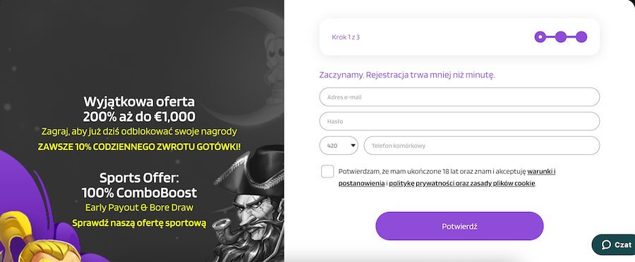 Okno rejestracji w kasynie Prontobet.
