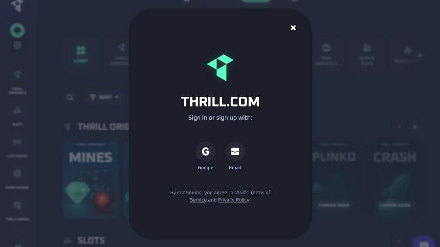 rejestracja konta w thrill casino