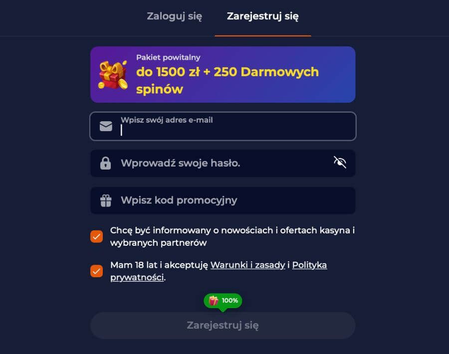Rejestracja konta w kasynie Nine Casino