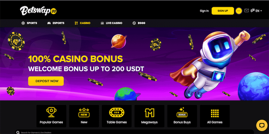 Betswap strona startowa i bonus powitalny 100% do 200 USDT.